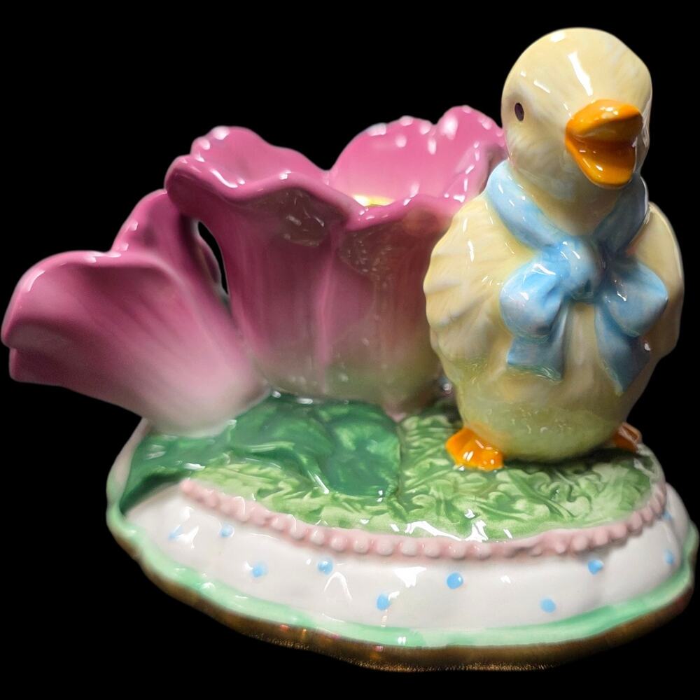 Vintage Porcelain Duck Figurine Candle Holder with Blue Bow and Gold Trim - Picture 6 of 7